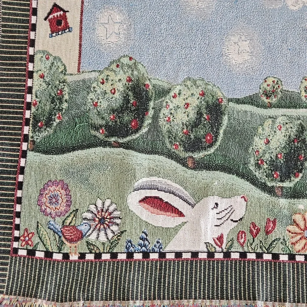 Coco Dowley Garden Angel Woven Tapestry Throw Blanket Bunny Rabbit Folk Art Blue